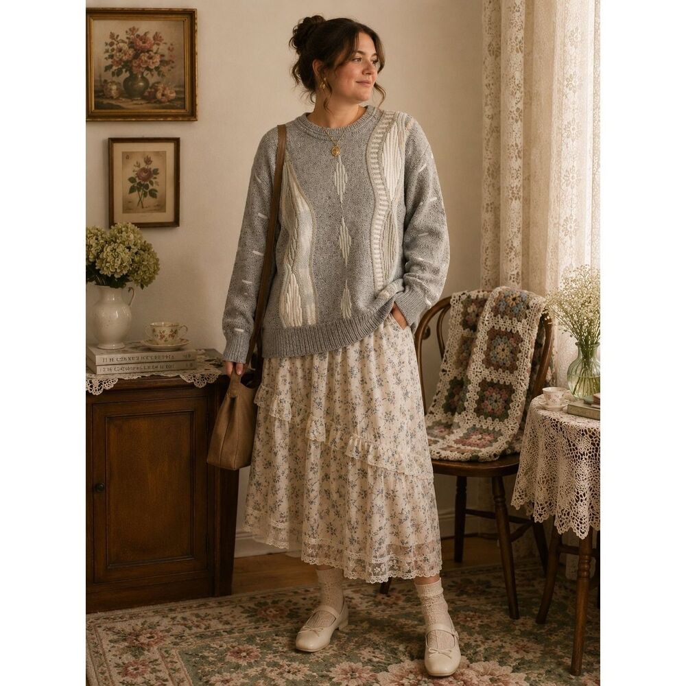 Cozy Textured Grandmacore Sweater Womens L Gray 3D Knit Wool Marled